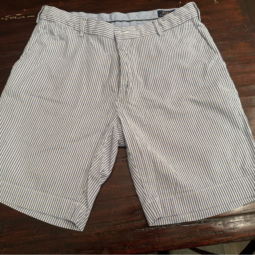 Polo Ralph Lauren Men’s Blue White Seersucker Shorts Size 34 Stretch Classic Fit